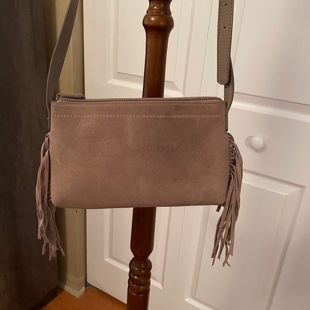 LUCKY BRAND Beige suede fringe crossover bag